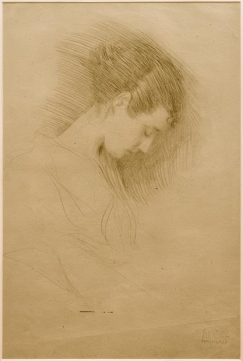 Meia retrato de uma menina com a cabeça abaixada para a direita de Gustav Klimt