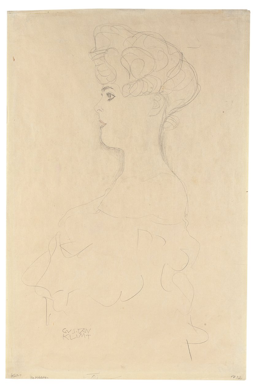 Retrato de perfil do busto a partir da esquerda, c.1904-05 (lápis com lápis de cera branco e vermelho sobre papel japonês semelhante) de Gustav Klimt