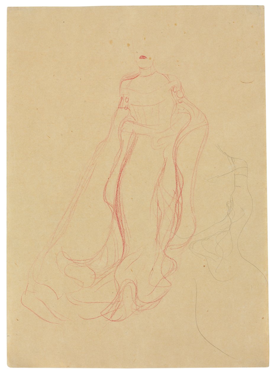 Estudo do traje com as mãos juntas, repetição do lado direito, c.1903-04 (lápis e lápis de cera coloridos sobre papel vegetal) de Gustav Klimt