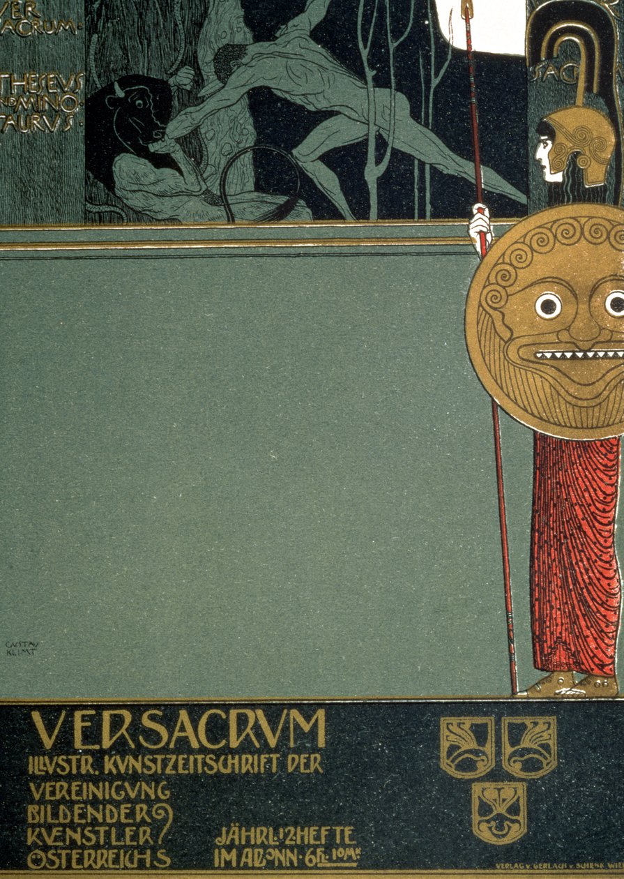 Capa de &39;Ver Sacrum&39;, o jornal da secessão vienense, representando Teseu e o Minotauro, na época da primeira exposição da Secessão em Viena, 1898 (litografia) de Gustav Klimt