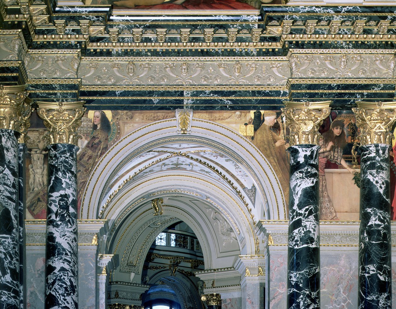 Interior, de, a, Kunsthistorisches, museu, viena, com, archway, e, spandrel, decoração, descrevendo, figuras, representando, 14º século, roma, e, veneza, 189091, (mural) de Gustav Klimt