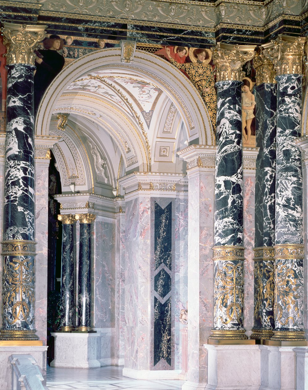 Interior, de, a, Kunsthistorisches, museu, em, viena, detalhe, descrevendo, archway, e, spandrel, decoração, de, figuras, descrevendo, italiano, renascimento, 189091, (mural) de Gustav Klimt