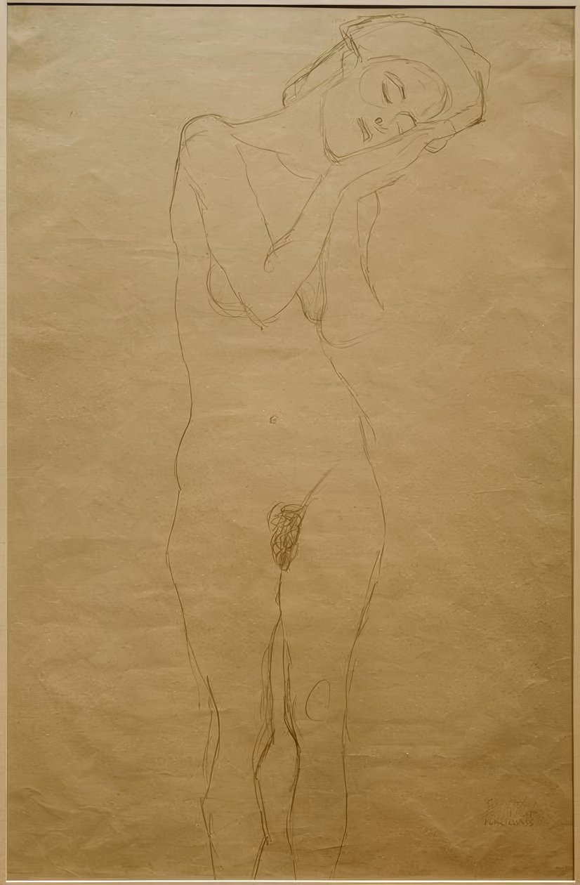 Garota agir de frente, com as mãos na bochecha de Gustav Klimt