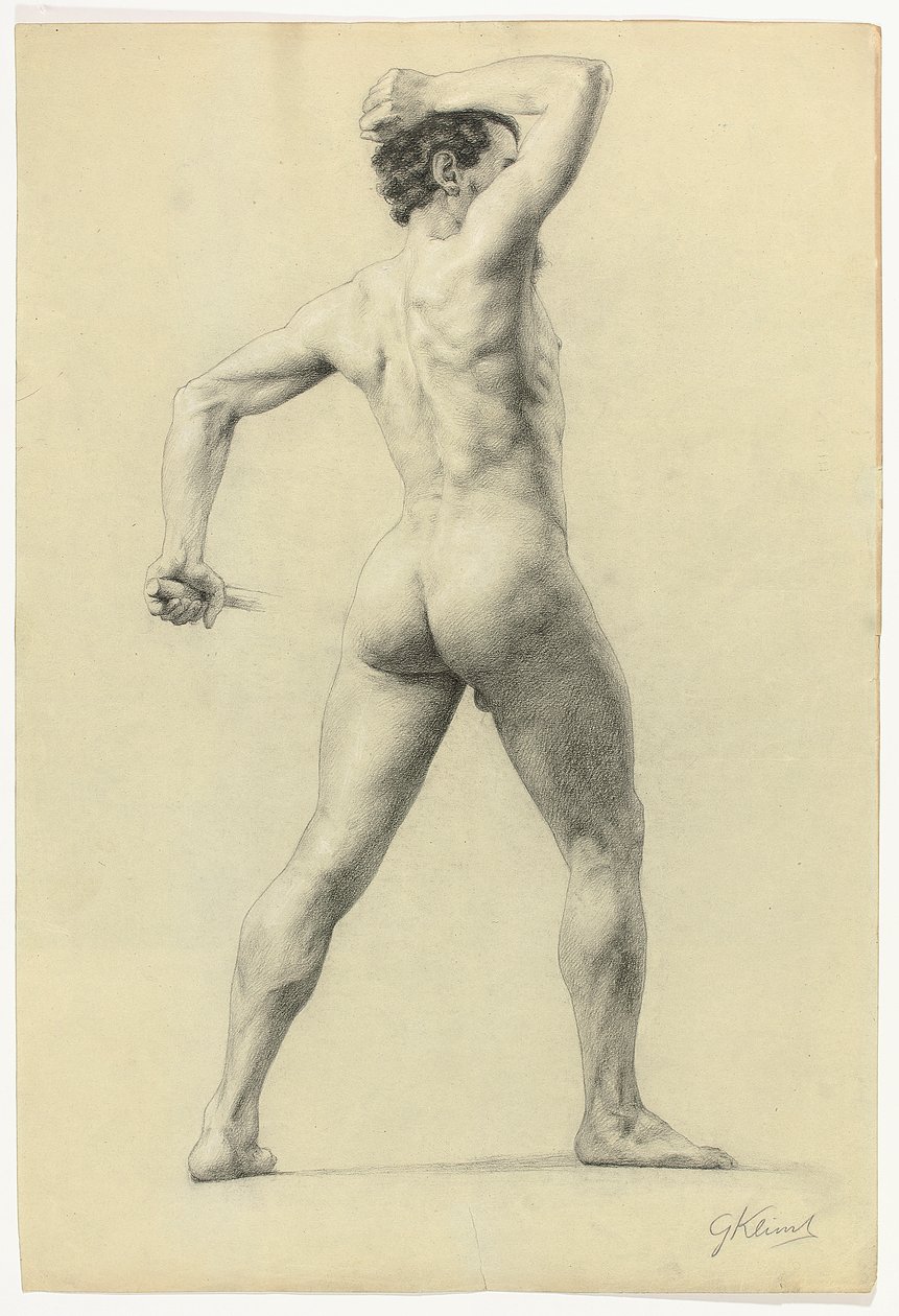 Nu masculino de costas, c.1880 (lápis com giz branco sobre papel) de Gustav Klimt
