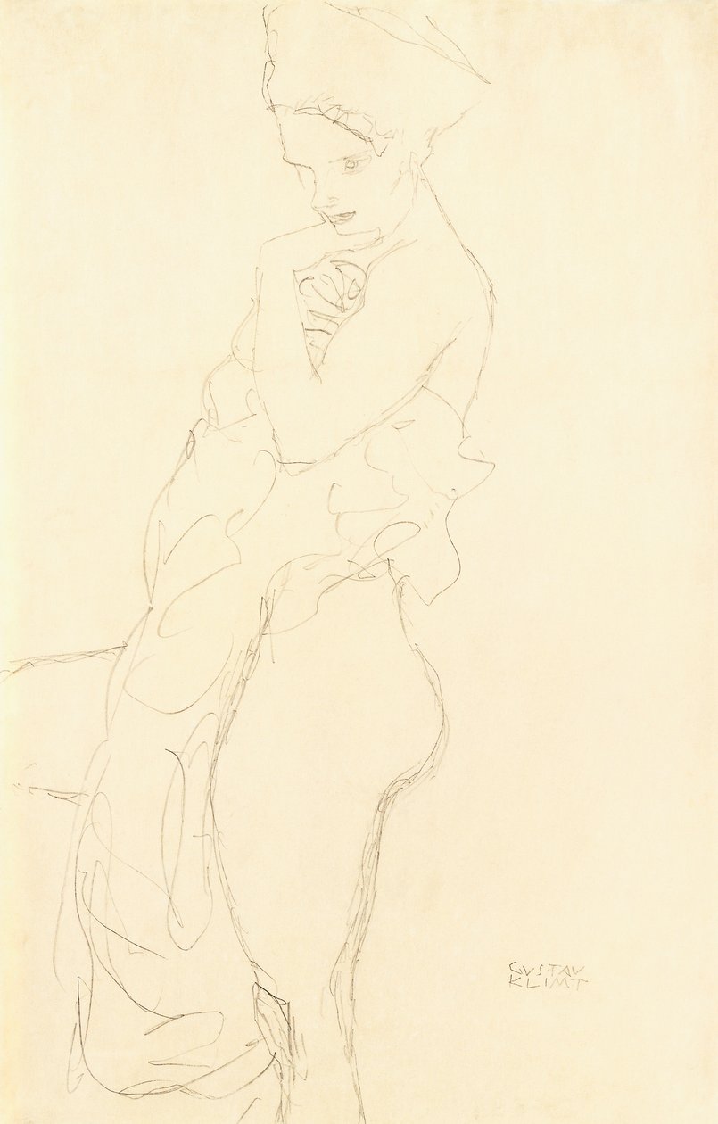 Nu De pé, segurando uma toalha no corpo, 1917 de Gustav Klimt