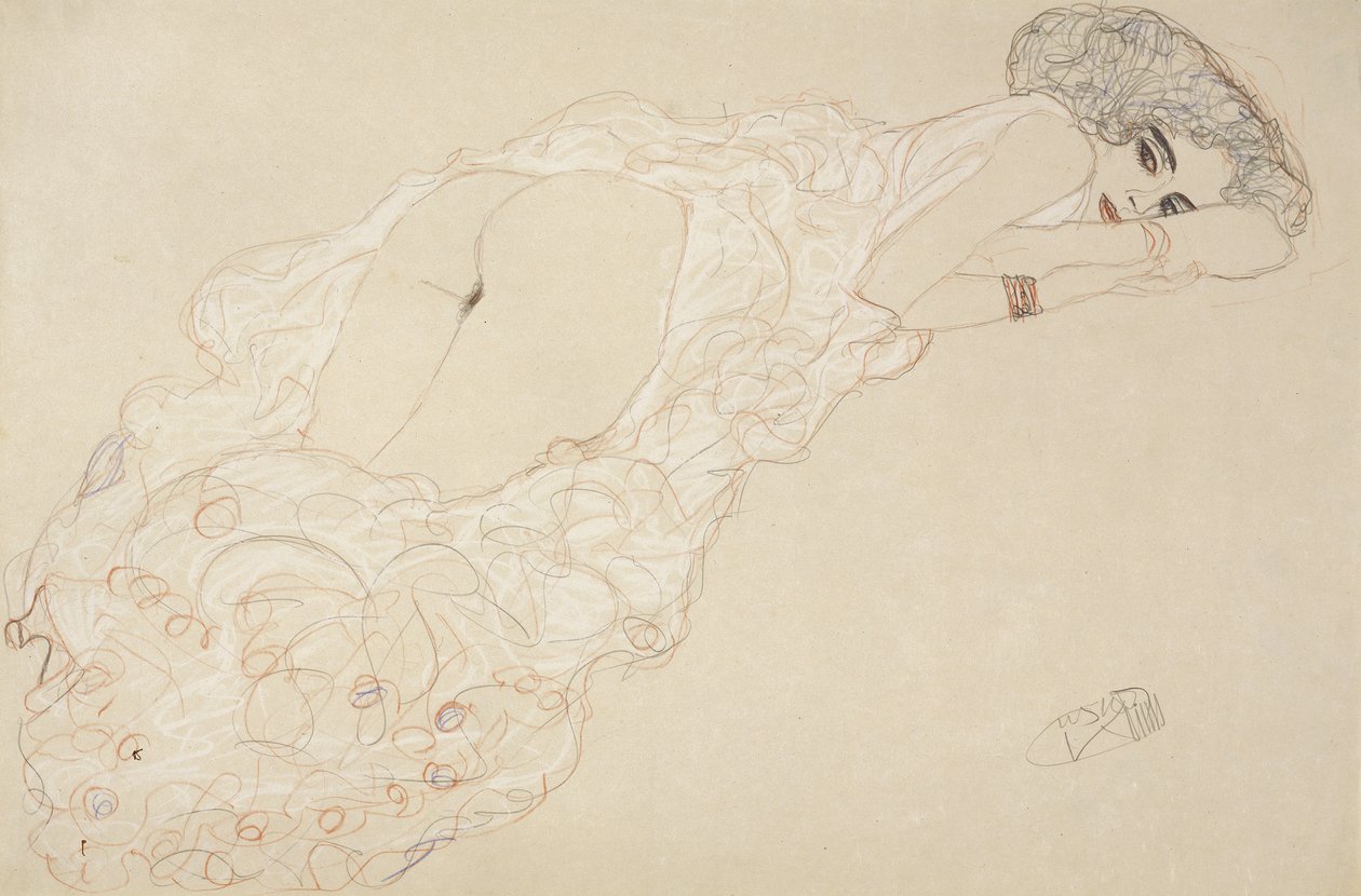 Nu reclinado deitado de bruços e virado para a direita, 1910 de Gustav Klimt