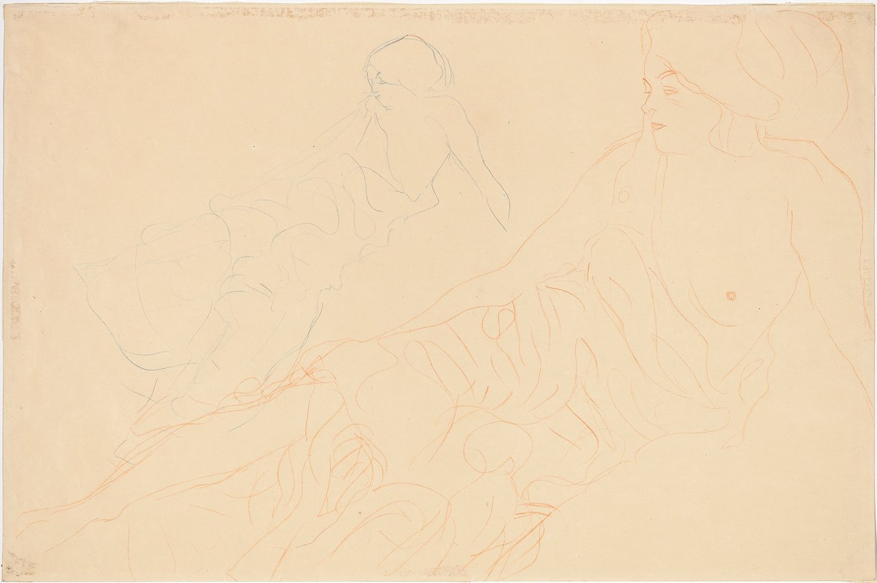 Nus reclinados; Vestido, repetição à esquerda, 1913 de Gustav Klimt
