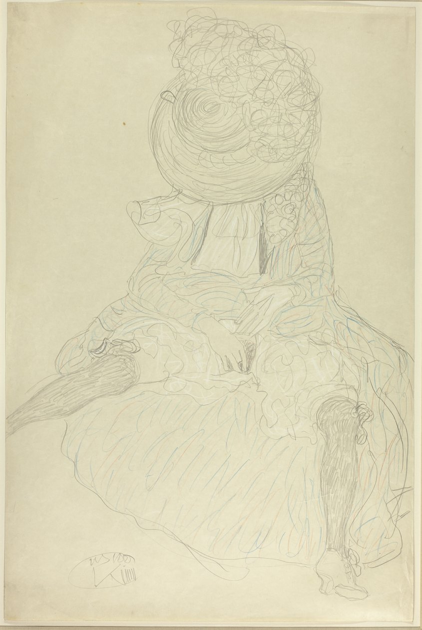 Mulher sentada de frente com chapéu, rosto com capuz de Gustav Klimt