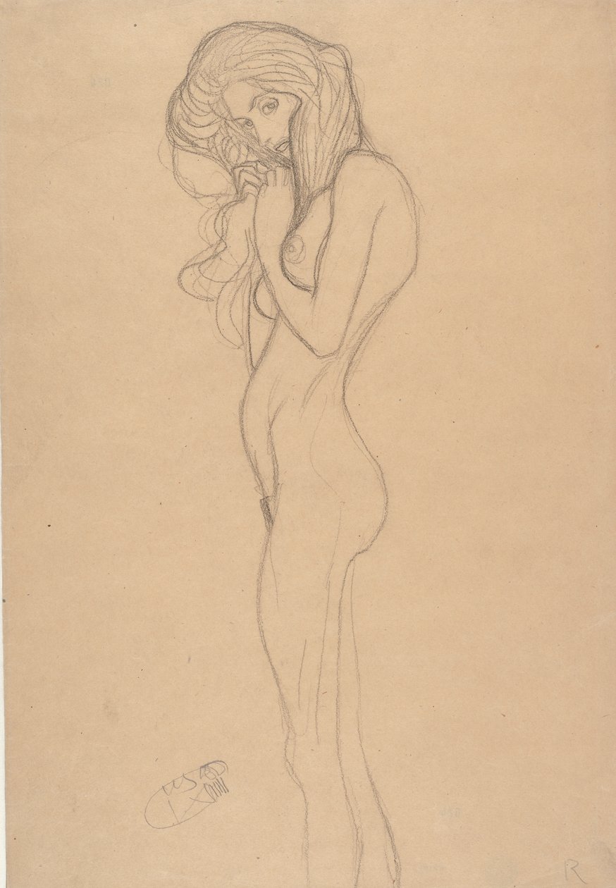 Estudo nu feminino em pé para o friso de Beethoven, 1901. de Gustav Klimt