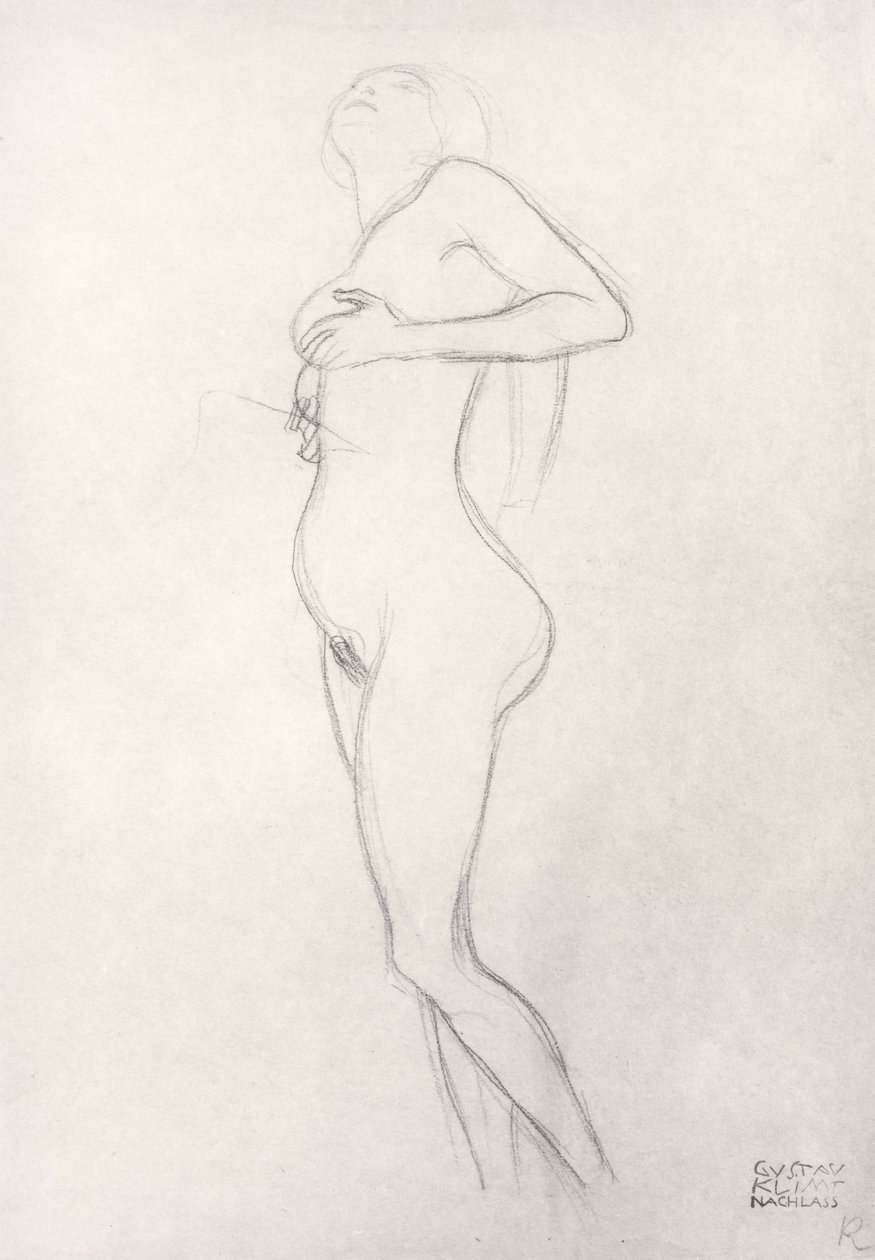 Garota nua em pé, olhando para cima de Gustav Klimt
