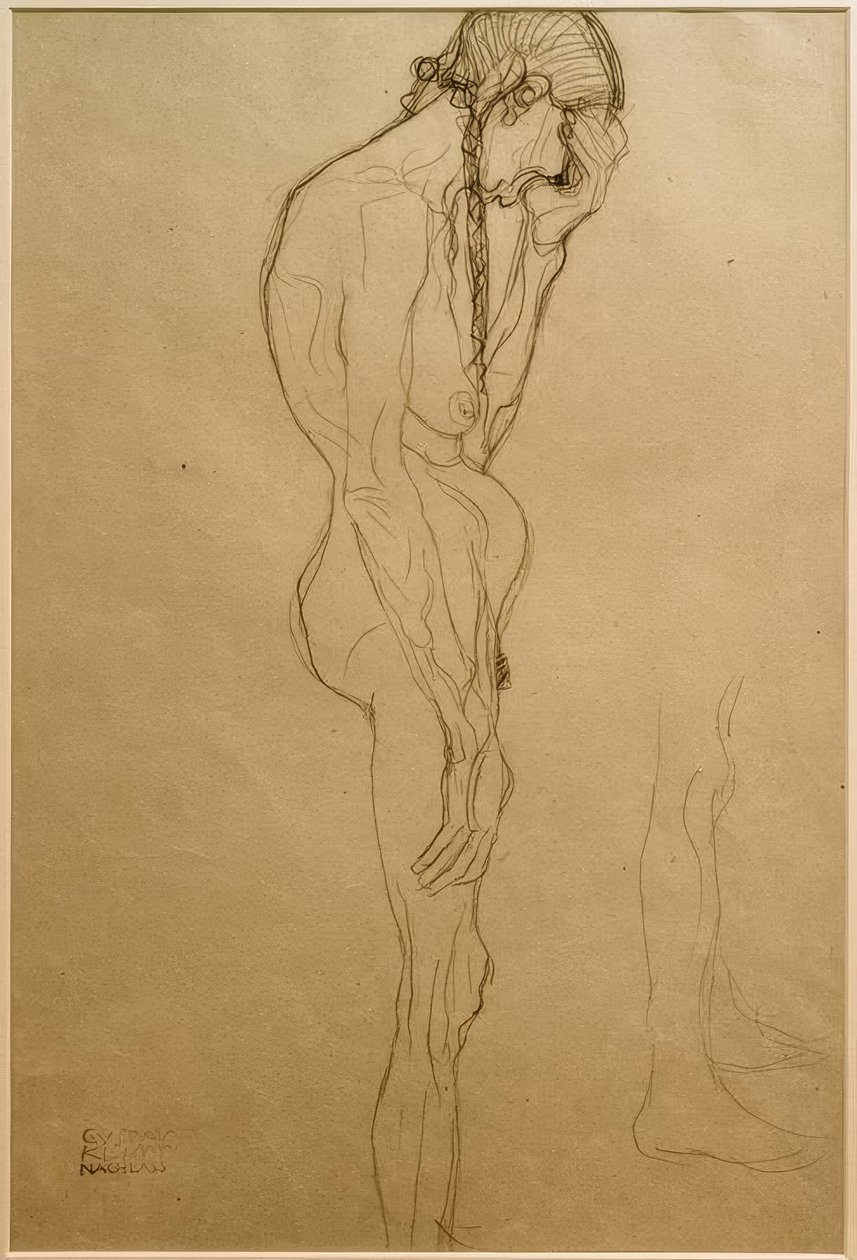 Mulher de pé em perfil à direita, estudo das pernas de Gustav Klimt