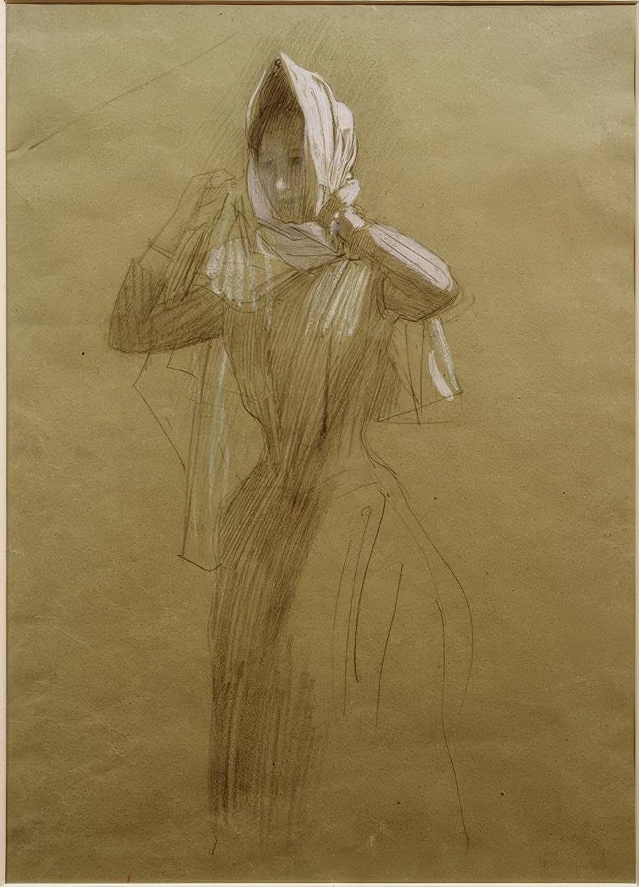 Jovem de pé, colocando um lenço na cabeça de Gustav Klimt