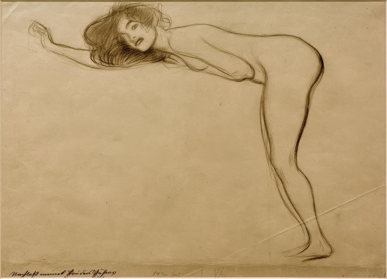 Garota de pé agir com o corpo dobrado para a esquerda de Gustav Klimt