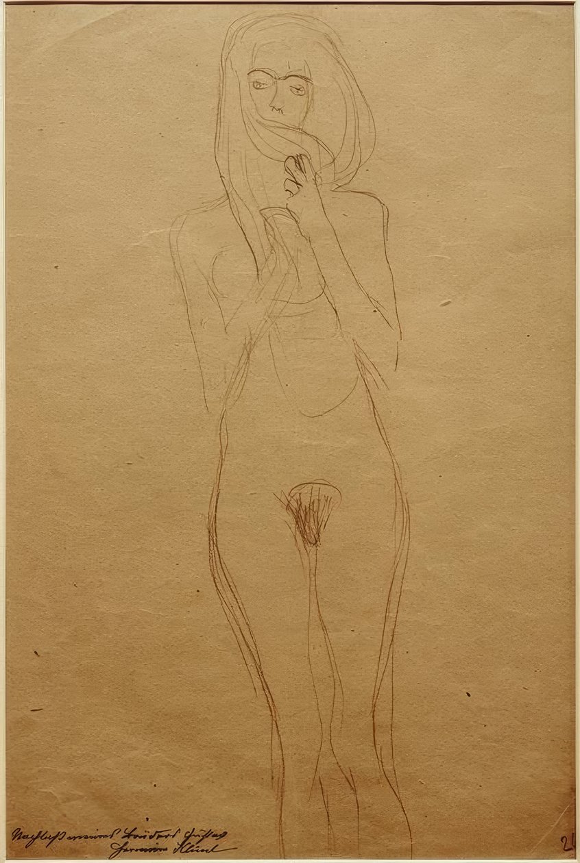 Nu feminino em pé, a boca coberta por cabelos de Gustav Klimt