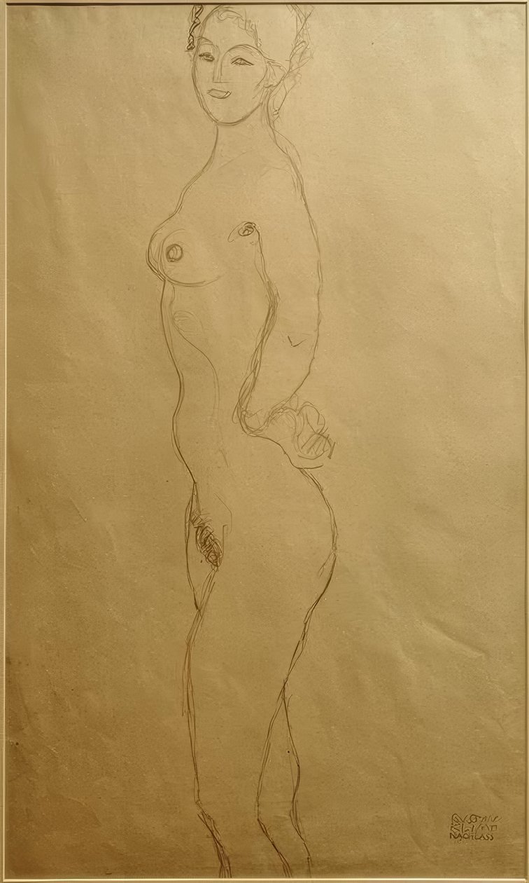 Permanente nu feminino para a esquerda, a mão no ... de Gustav Klimt