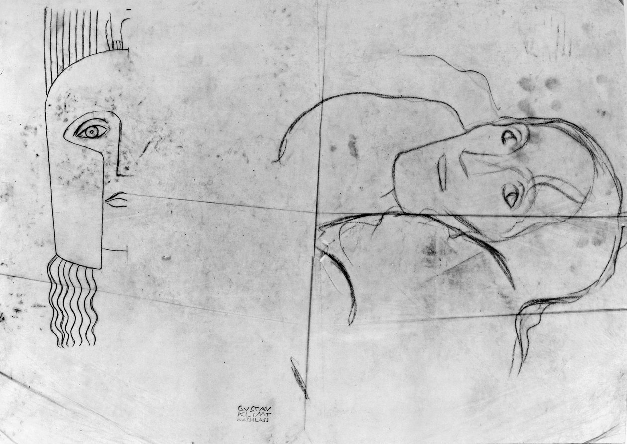Estudos para Ver Sacrum 1900 - Pallas Athene e Tragic Head, 1897-98 (lápis e lápis azul sobre papel vegetal) de Gustav Klimt