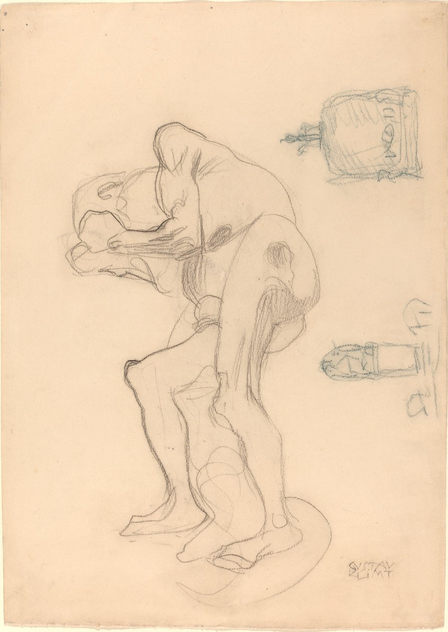 Estudo de uma velha nua cerrando os punhos e dois objetos decorativos de Gustav Klimt
