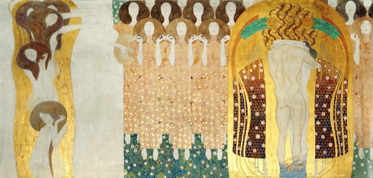 O Friso de Beethoven, Detalhe: As Artes, Coro do Paraíso, Abraço, 1902 de Gustav Klimt