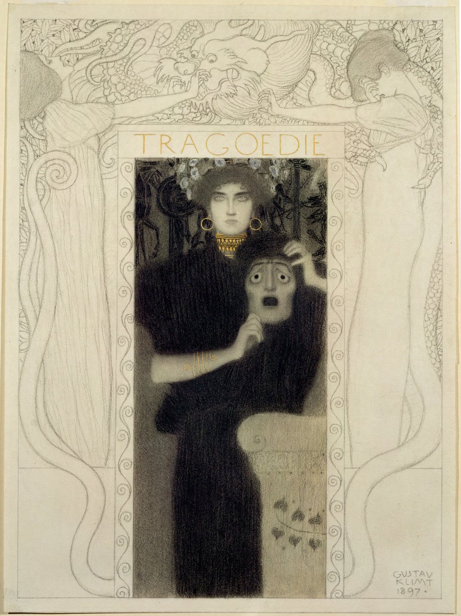 Tragédia. Estudo para a alegoria da Tragédia (caneta e tinta, lavagem a branco) de Gustav Klimt
