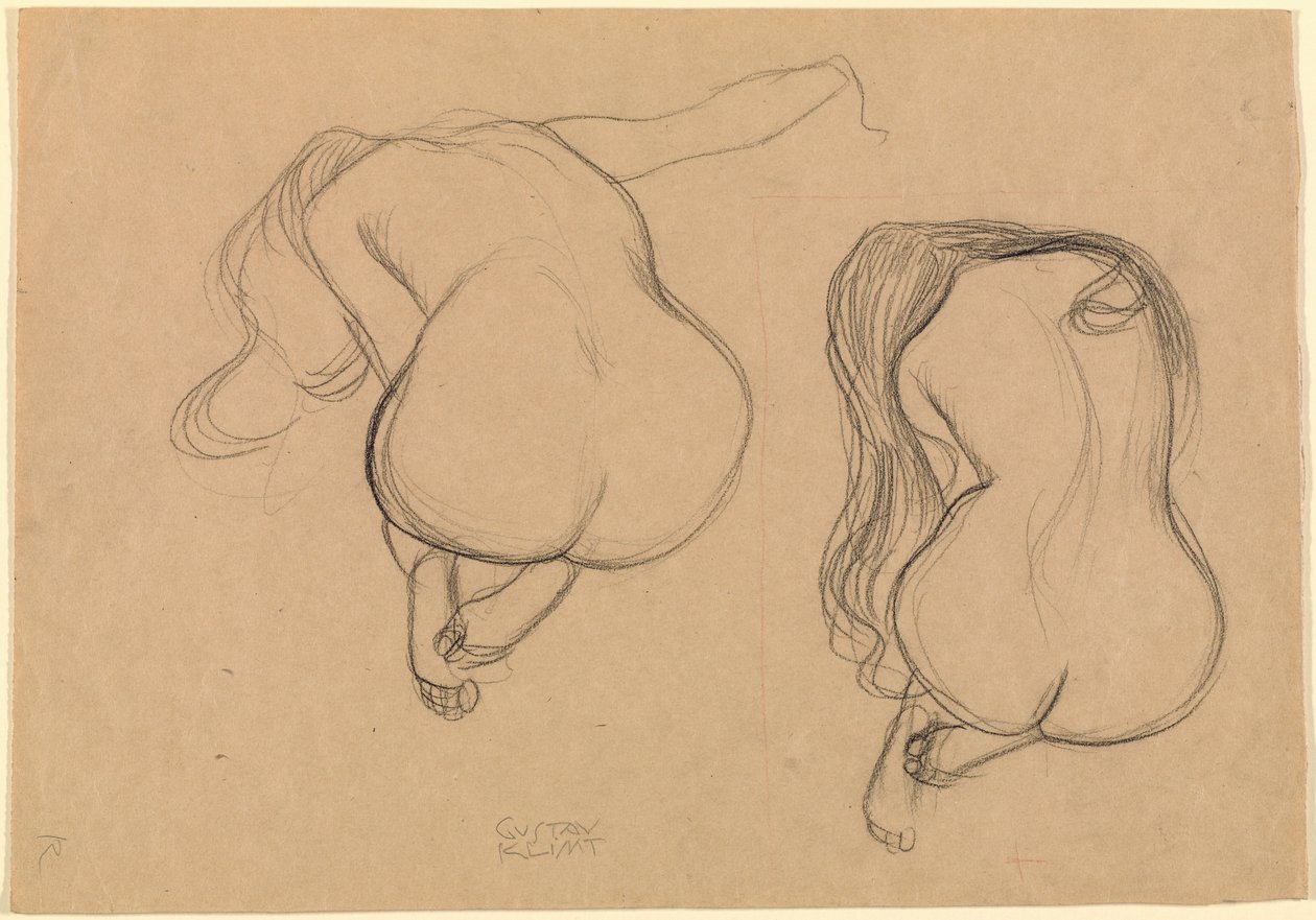 Dois estudos de um nu sentado com cabelo comprido de Gustav Klimt