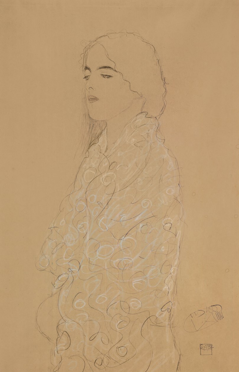 Mulher com um xale branco (lápis com giz colorido branco e vermelho no papel) de Gustav Klimt