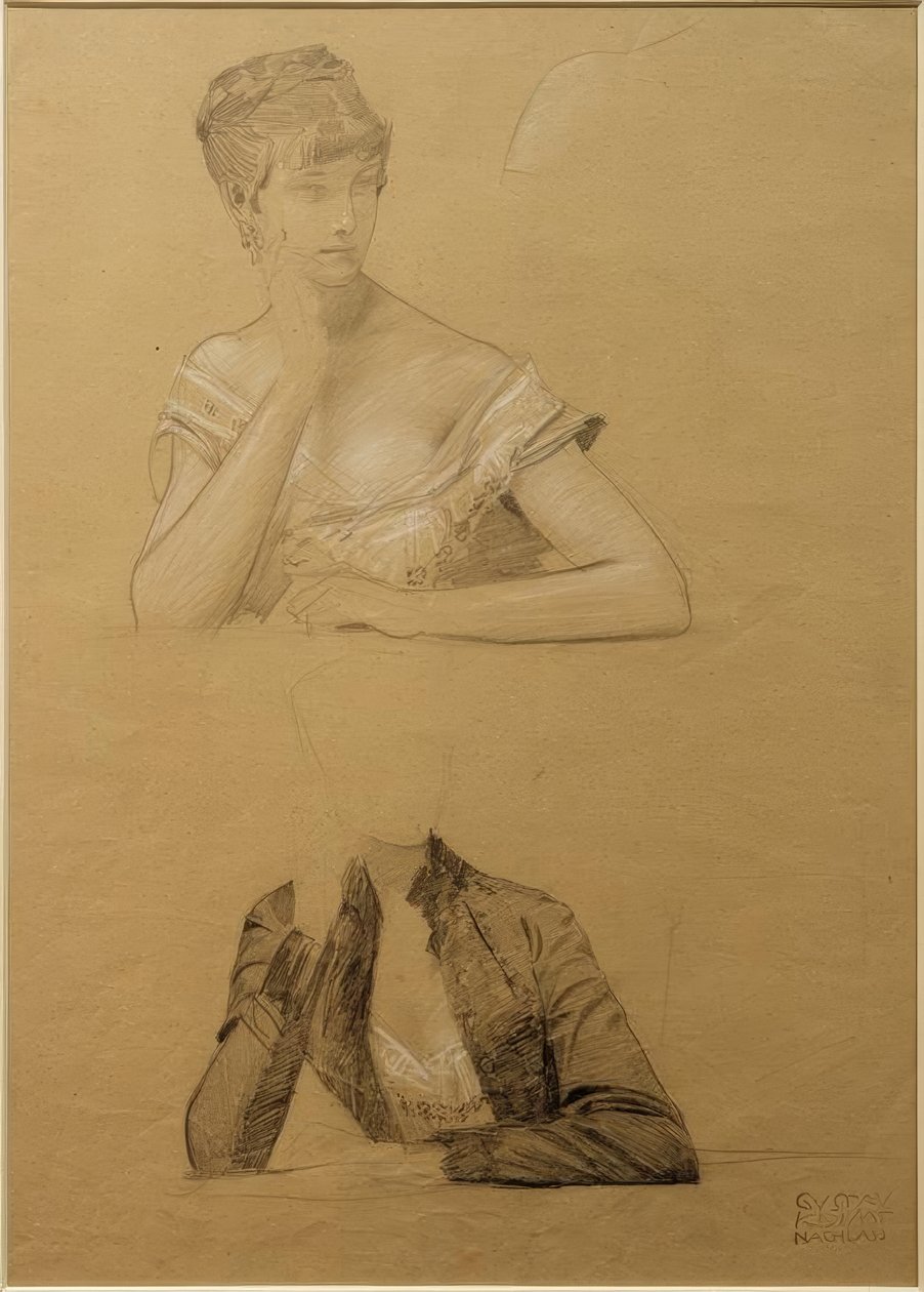 Dois estudos de uma jovem sentada à mesa de Gustav Klimt