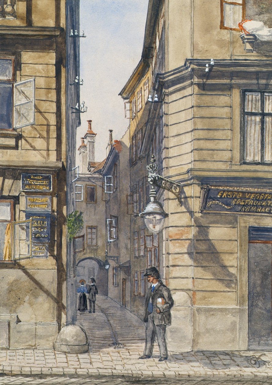 Brunngasse com o primeiro restaurante vegetariano em Viena de Gustav Korompay