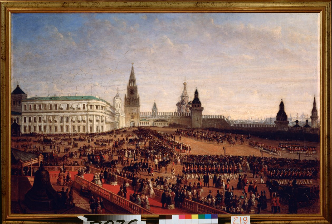 Desfile militar na coroação do Imperador Alexandre II (1818-1881) no Kremlin de Moscovo, 18 de Fevereiro de 1855. Pintura de Gustav Schwarz (ca. 1800 - depois de 1855), óleo sobre tela de Gustav Schwarz