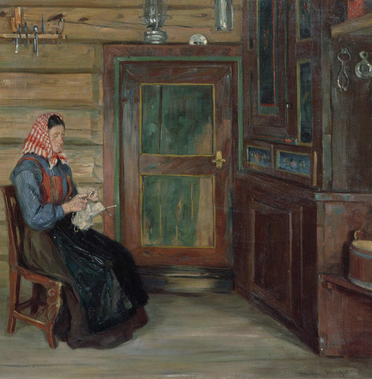 Agricultores interiores com mulher tricotada de Gustav Wentzel