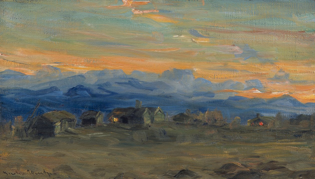 Fazenda de montanha na luz da noite de Gustav Wentzel