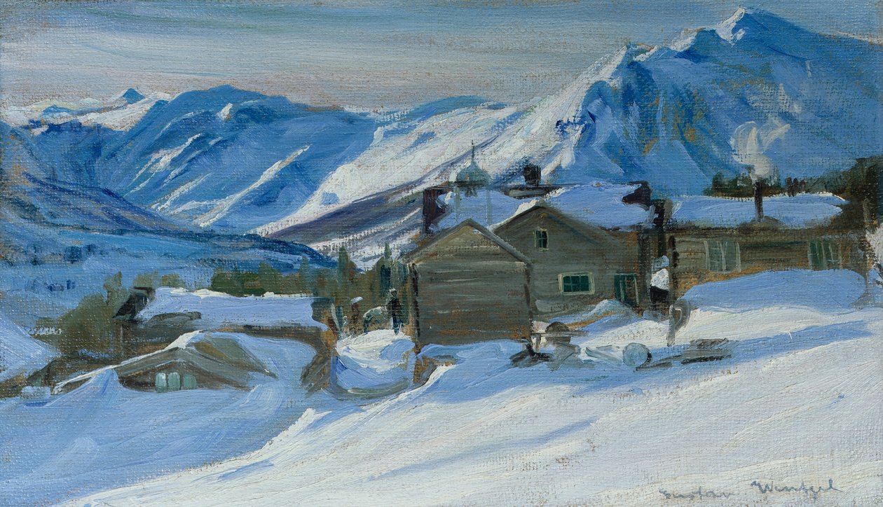 Quinta de montanha em paisagem de neve de Gustav Wentzel