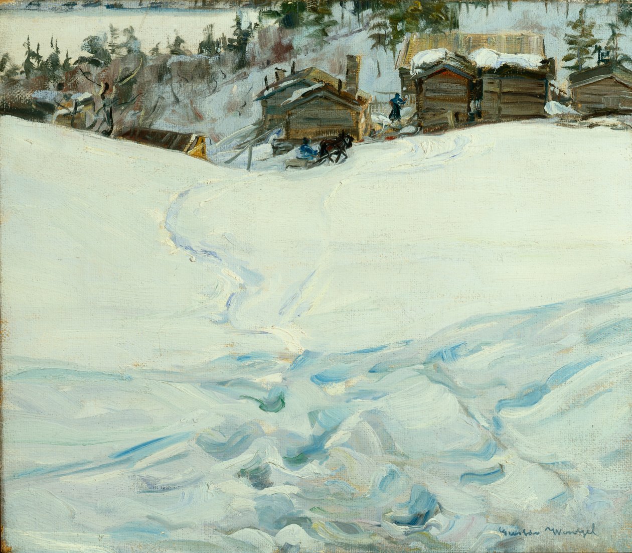 Fazenda de montanha na paisagem de inverno (óleo sobre tela) de Gustav Wentzel