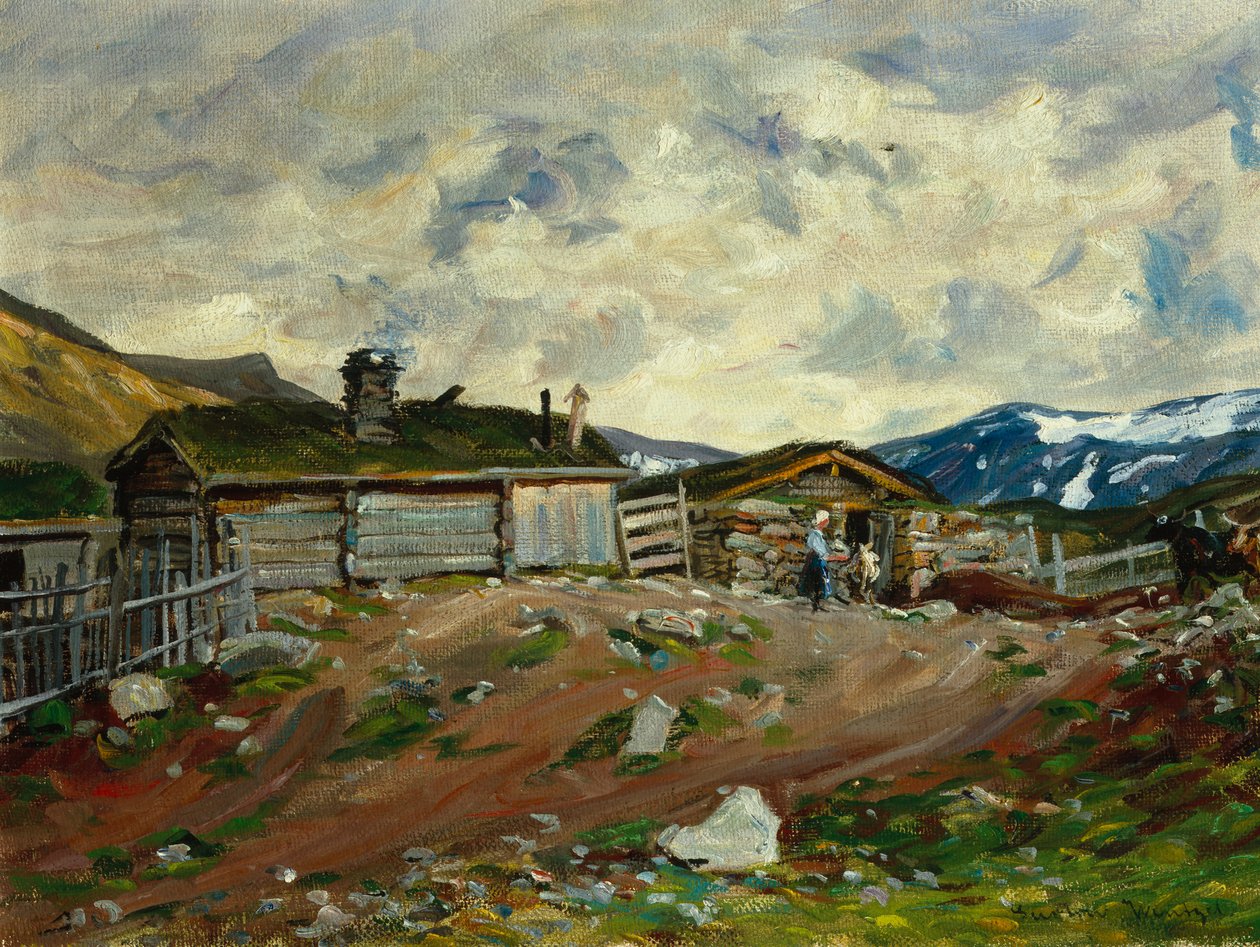 Fazenda de montanha com mulher e vaca de Gustav Wentzel