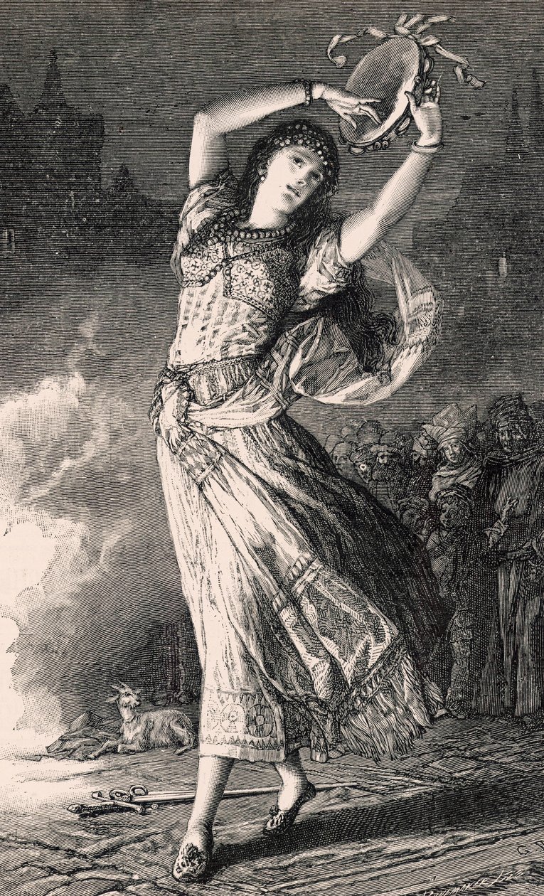 La Esmeralda - ilustração da Notre Dame de Paris, do século XIX (gravura bw) de Gustave Brion