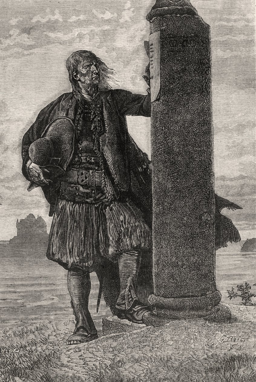 O marquês de Lantenac lê uma ordem para sua prisão em um pilar - ilustração de Quatre Vingt Treize, século XIX (gravura bw) de Gustave Brion