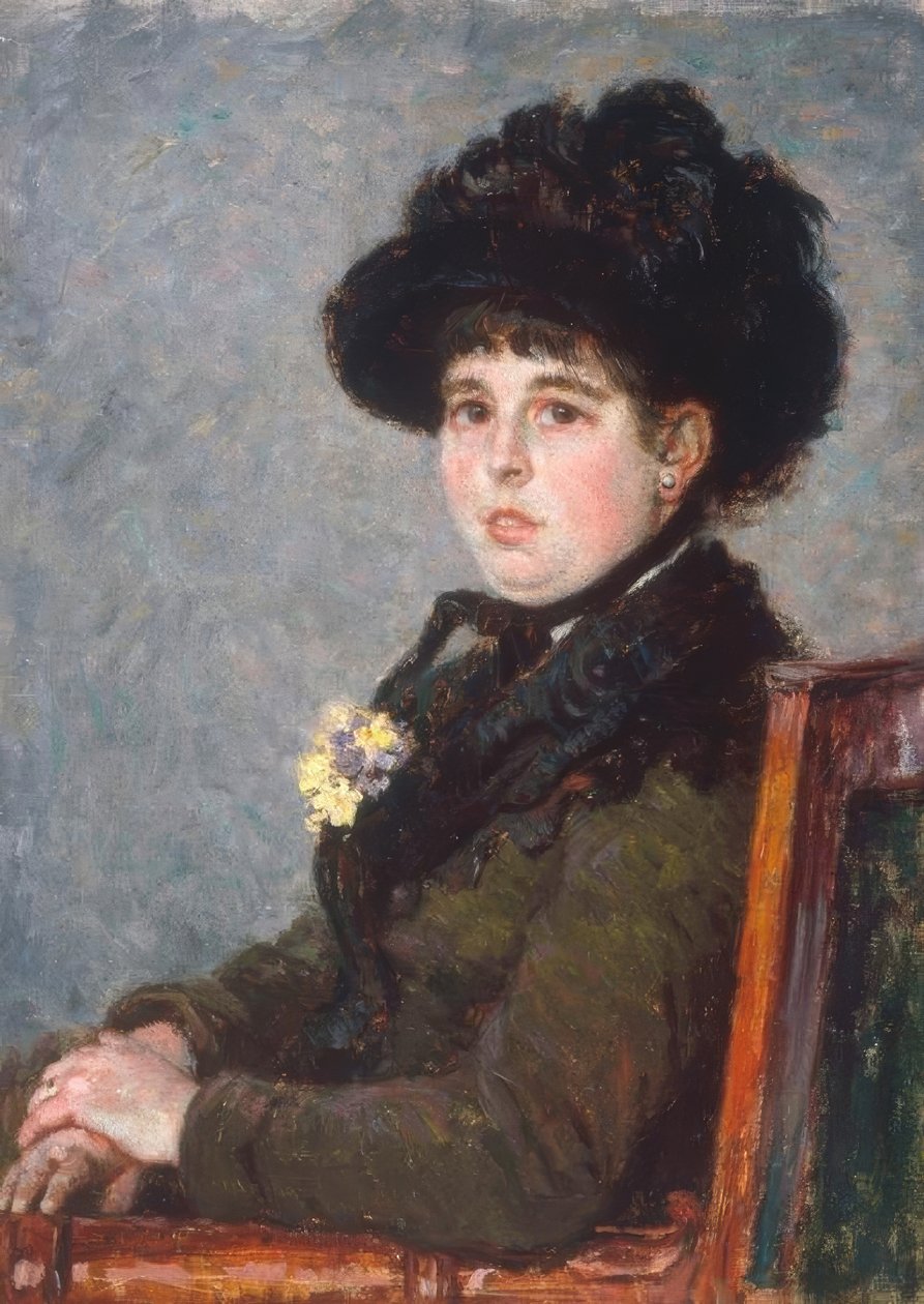 Retrato de uma mulher com um chapéu de penas de Gustave Caillebotte