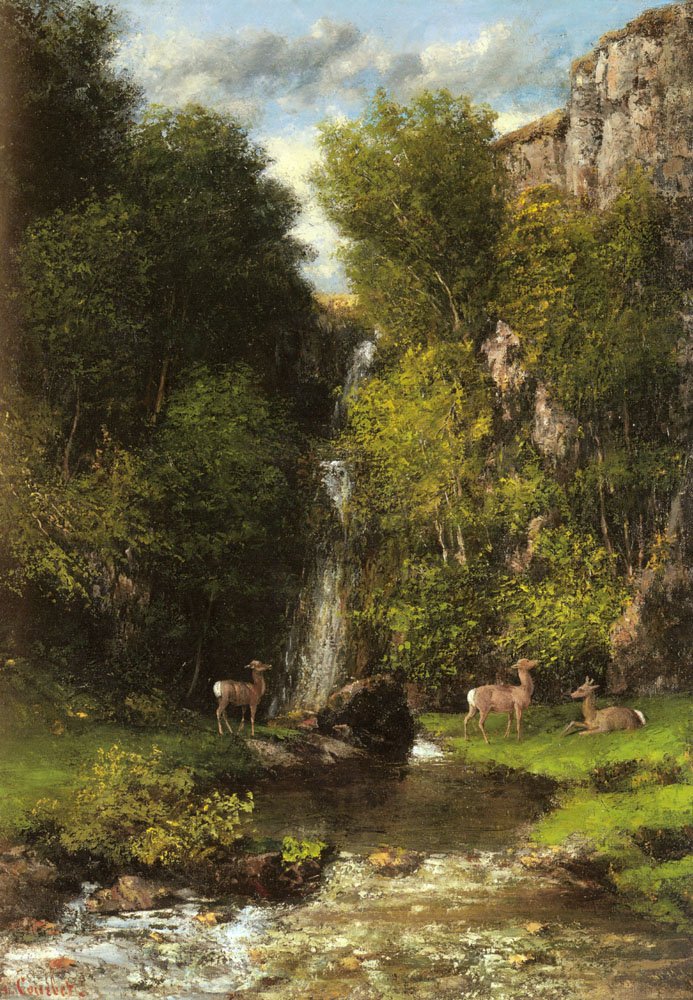 Uma família de cervos em uma paisagem com uma cachoeira de Gustave Courbet