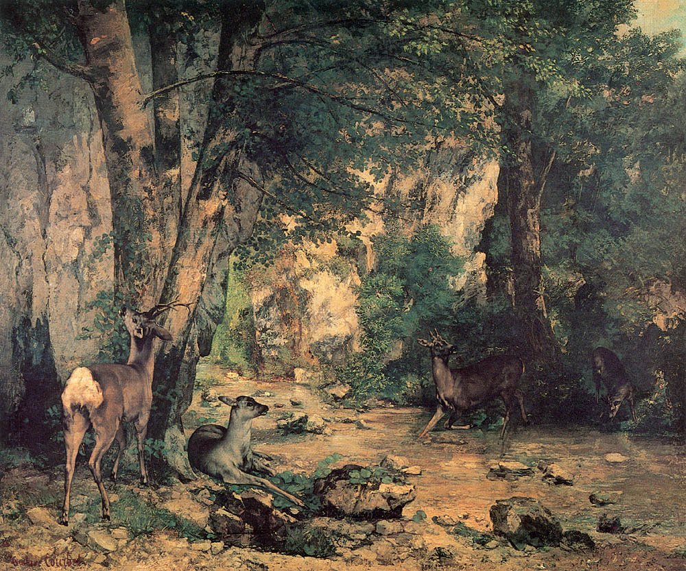 Um bosque de veados no fluxo de Plaisir-Fountaine de Gustave Courbet