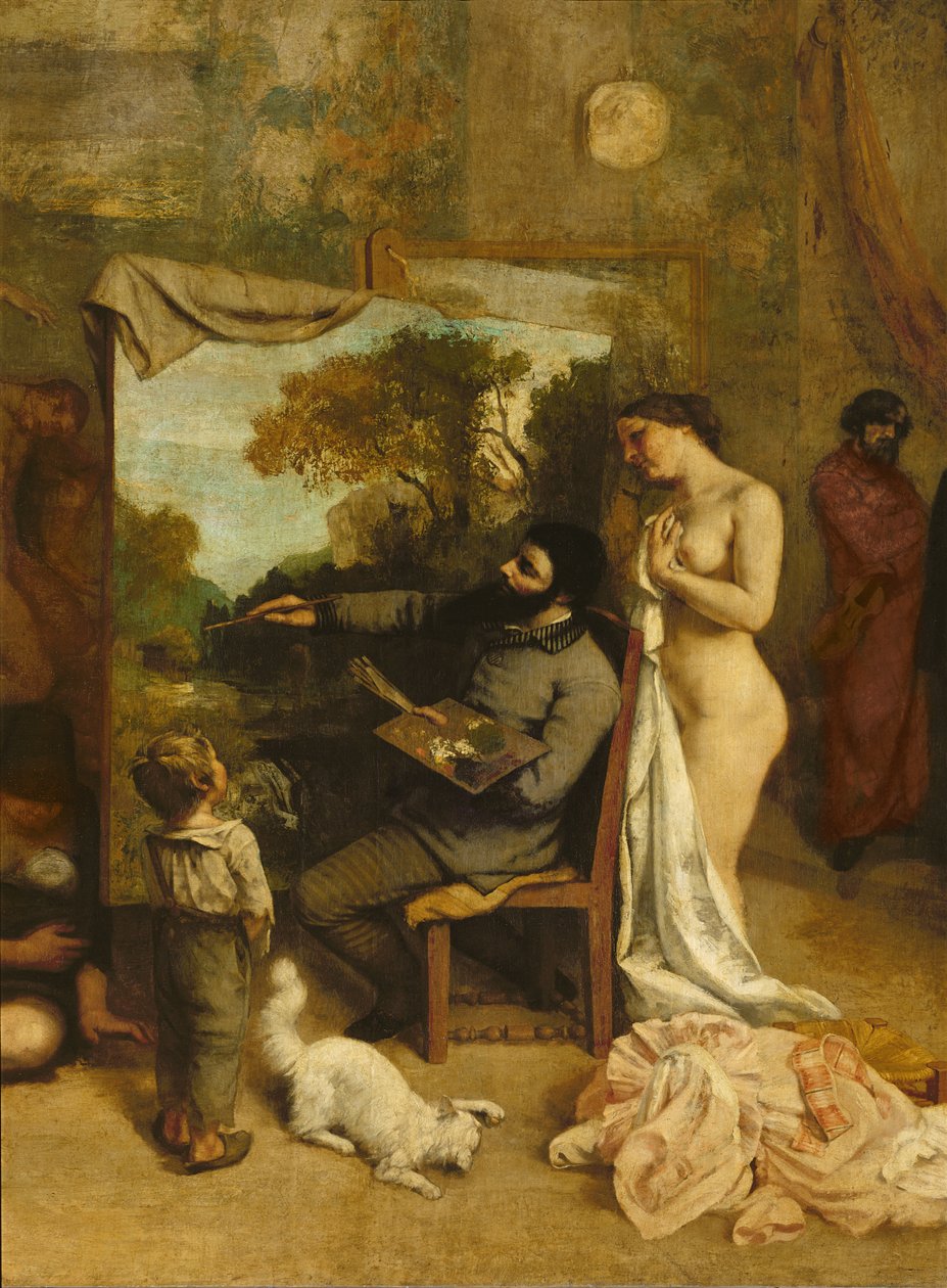 O estúdio do artista, uma alegoria real, detalhe do pintor e seu modelo, 1854-55 de Gustave Courbet