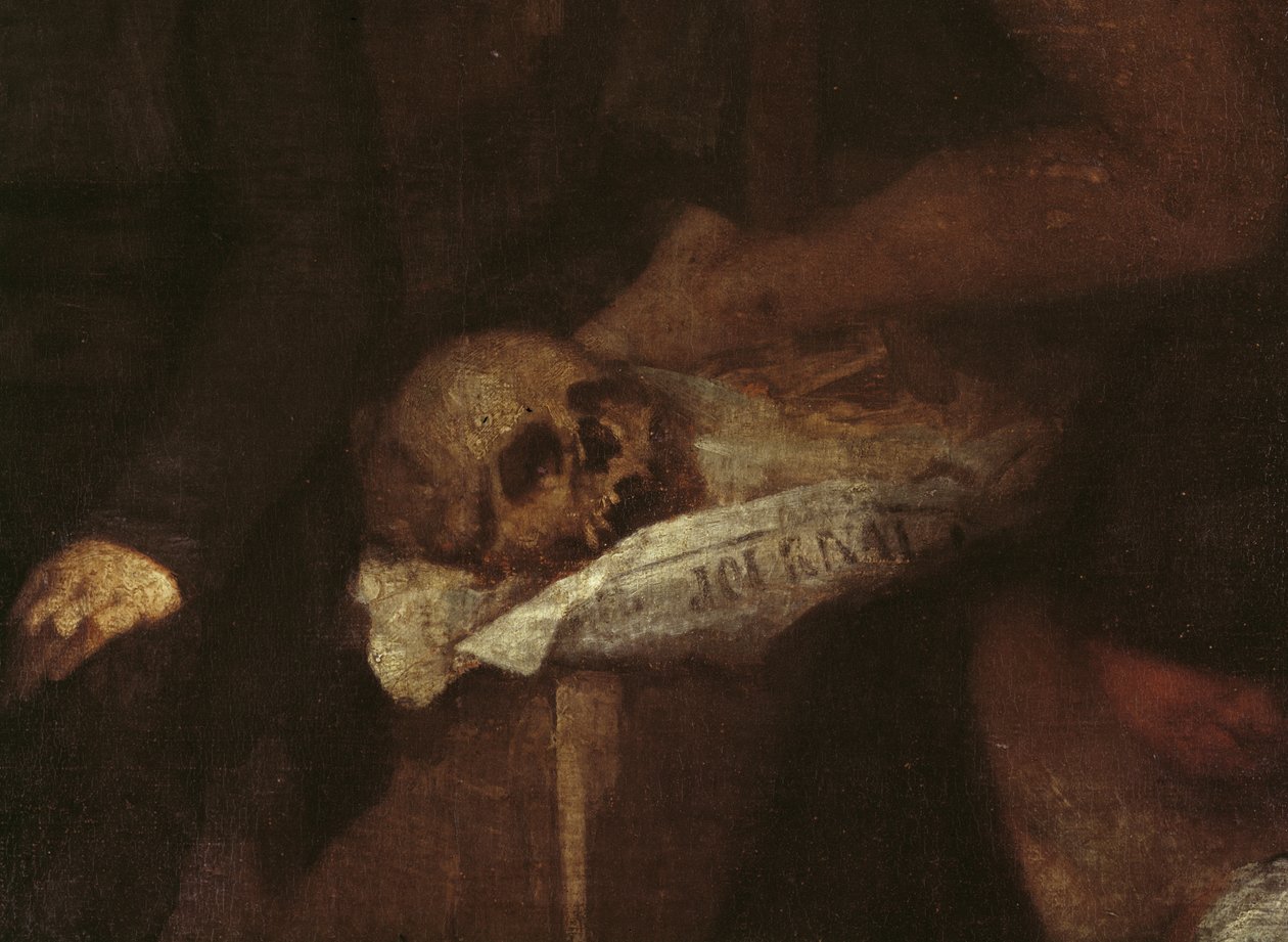 The Artists Studio detalhe do crânio descansando em alguns jornais, 1854-1855 óleo sobre tela de Gustave Courbet