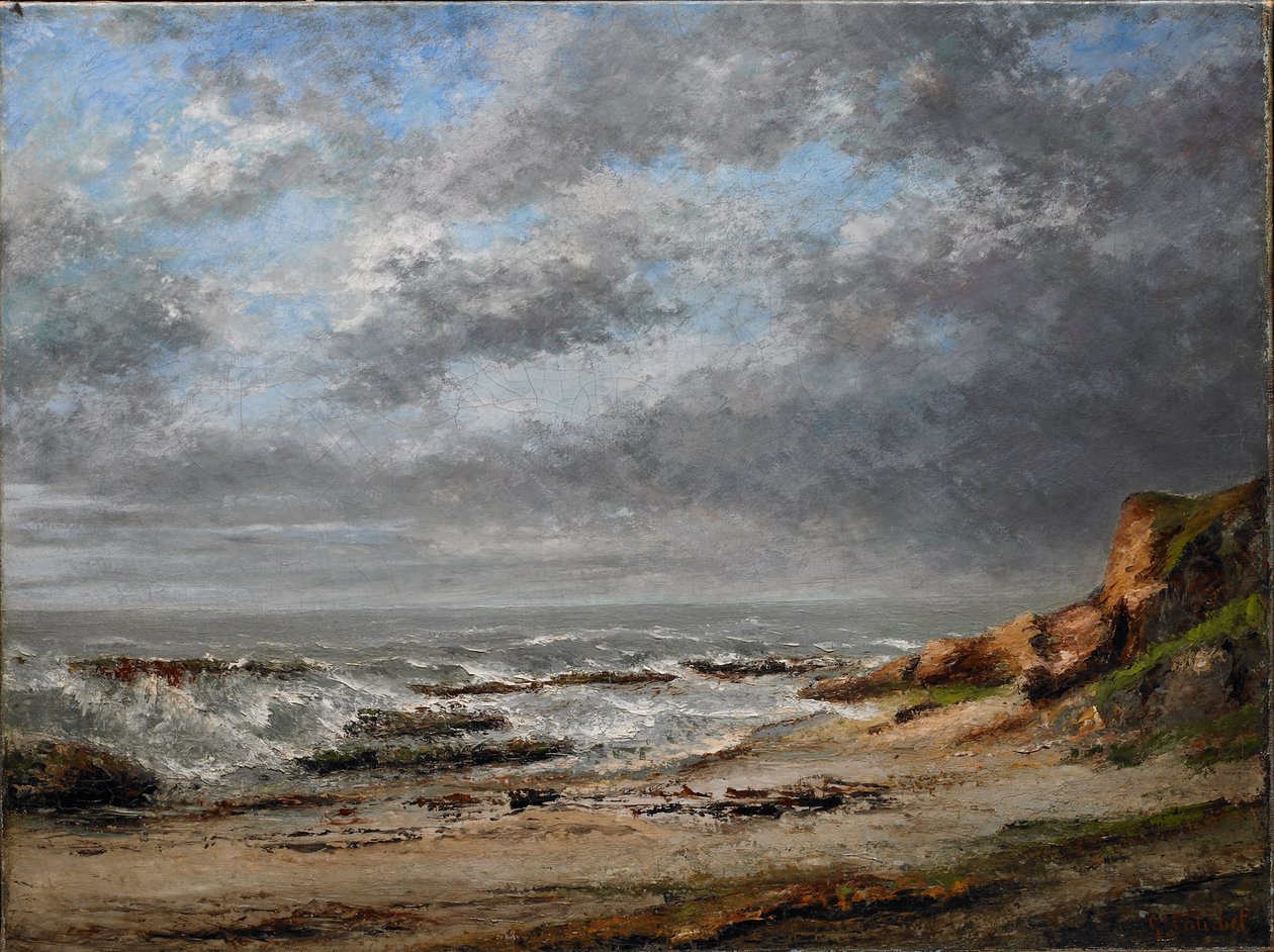 Vista de um mar agitado perto de um penhasco de Gustave Courbet