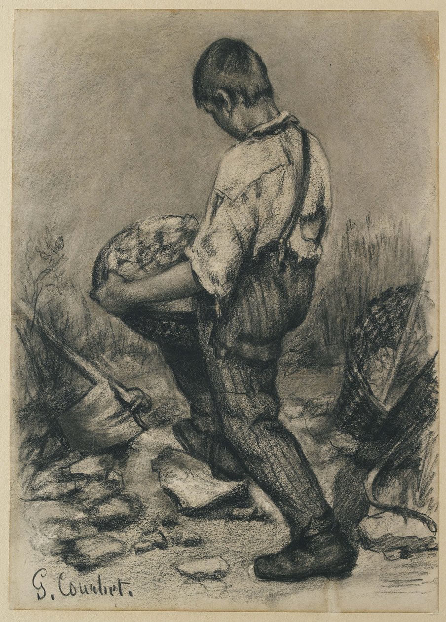 Jovem Stone Breaker, c. 1864 - 1865 (lápis preto em papel de seda fino e esbranquiçado) de Gustave Courbet