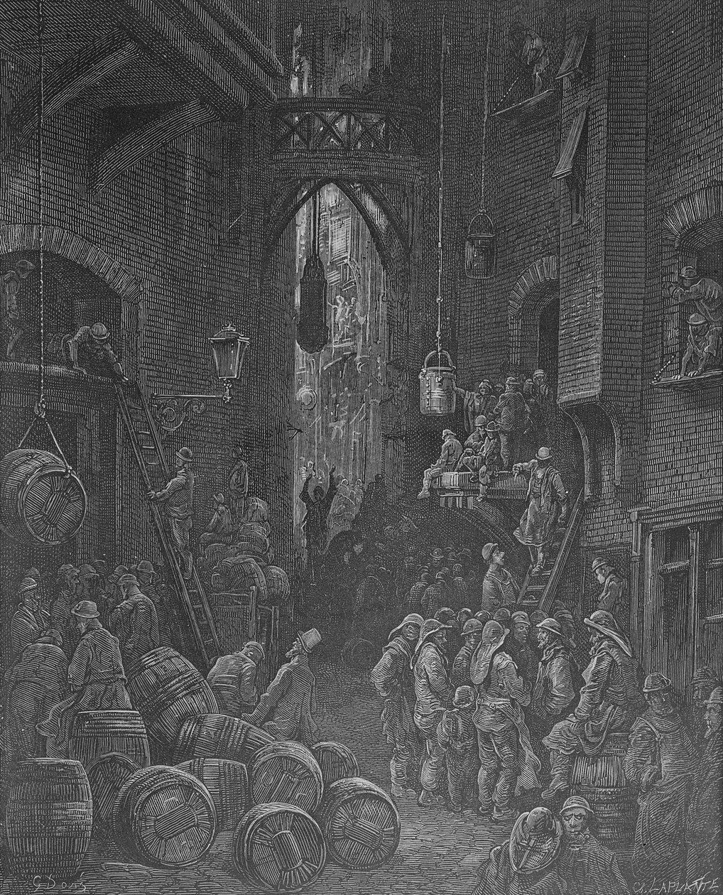 A Riverside Street, de &39;London, a Peregrinação&39;, escrita por William Blanchard Jerrold (1826-84) e gravada por Charles Laplante (d.1903) pub. 1872 de Gustave Dore