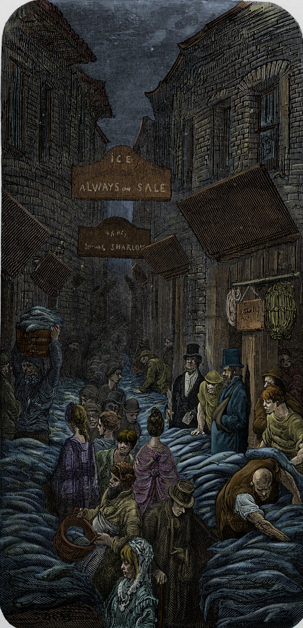 Um mercado de peixe vitoriano de Gustave Dore