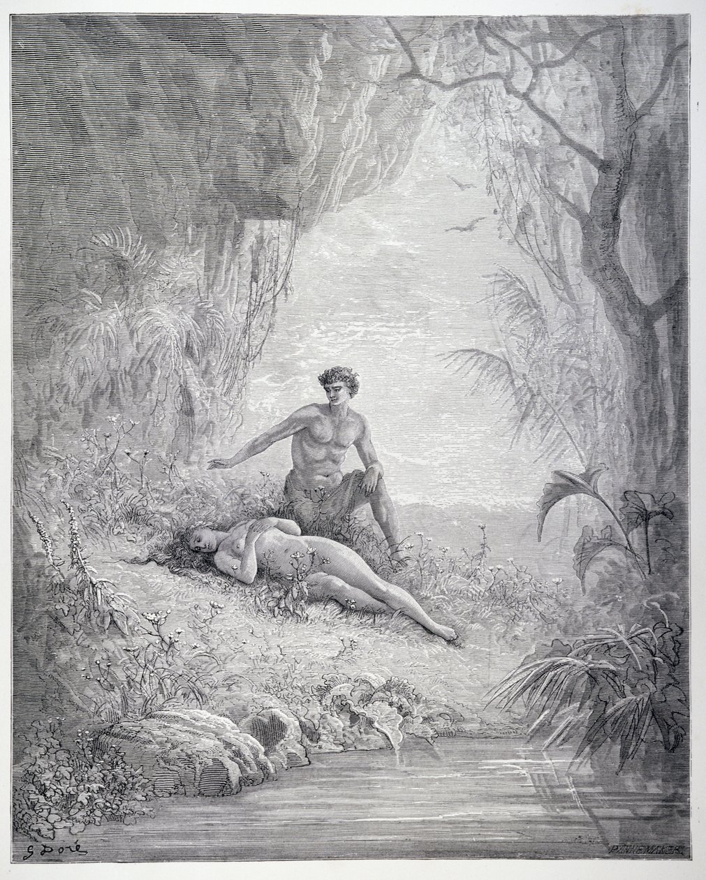 Adão e Eva, do livro V de &39;Paradise Lost&39;, de John Milton (1608-74), gravado por Stephane Pannemaker (1847-1930) c.1868 de Gustave Dore