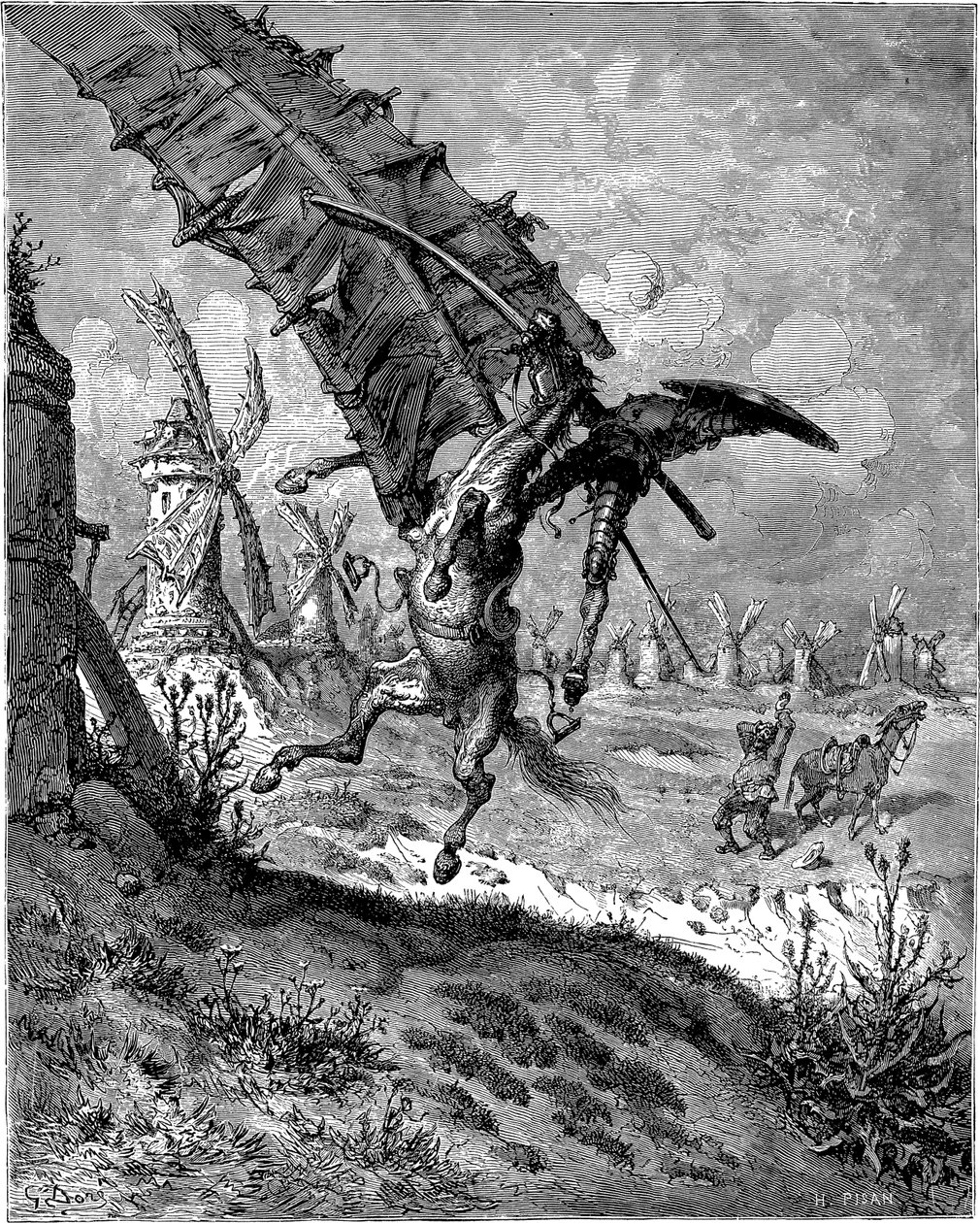 Aventura com os moinhos de vento de Gustave Dore