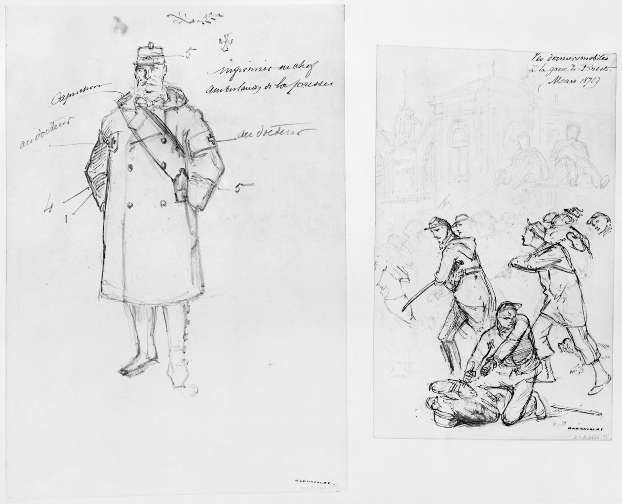Álbum do cerco de Paris, homem da ambulância, as últimas tropas na estação de Brest, 1871 (pena e lavagem de tinta marrom e lápis no papel) de Gustave Dore