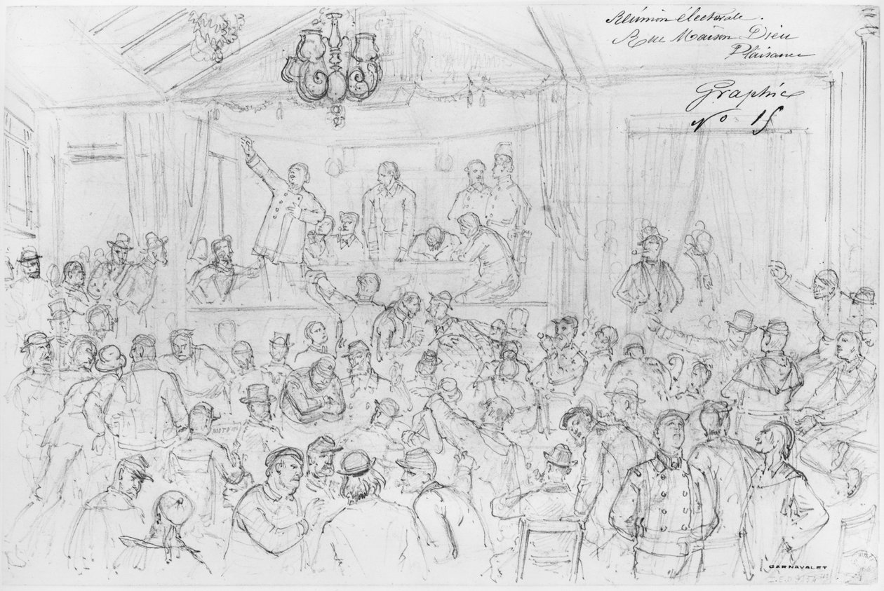 Álbum do cerco de Paris, reunião de eleição rue Maison Dieu, Plaisance (caneta e lavagem de tinta marrom e lápis sobre papel) de Gustave Dore
