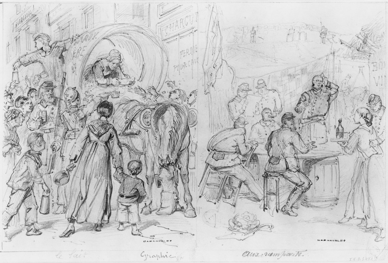 Álbum do cerco de Paris, Leite, muralhas (caneta e tinta marrom e lápis sobre papel) de Gustave Dore