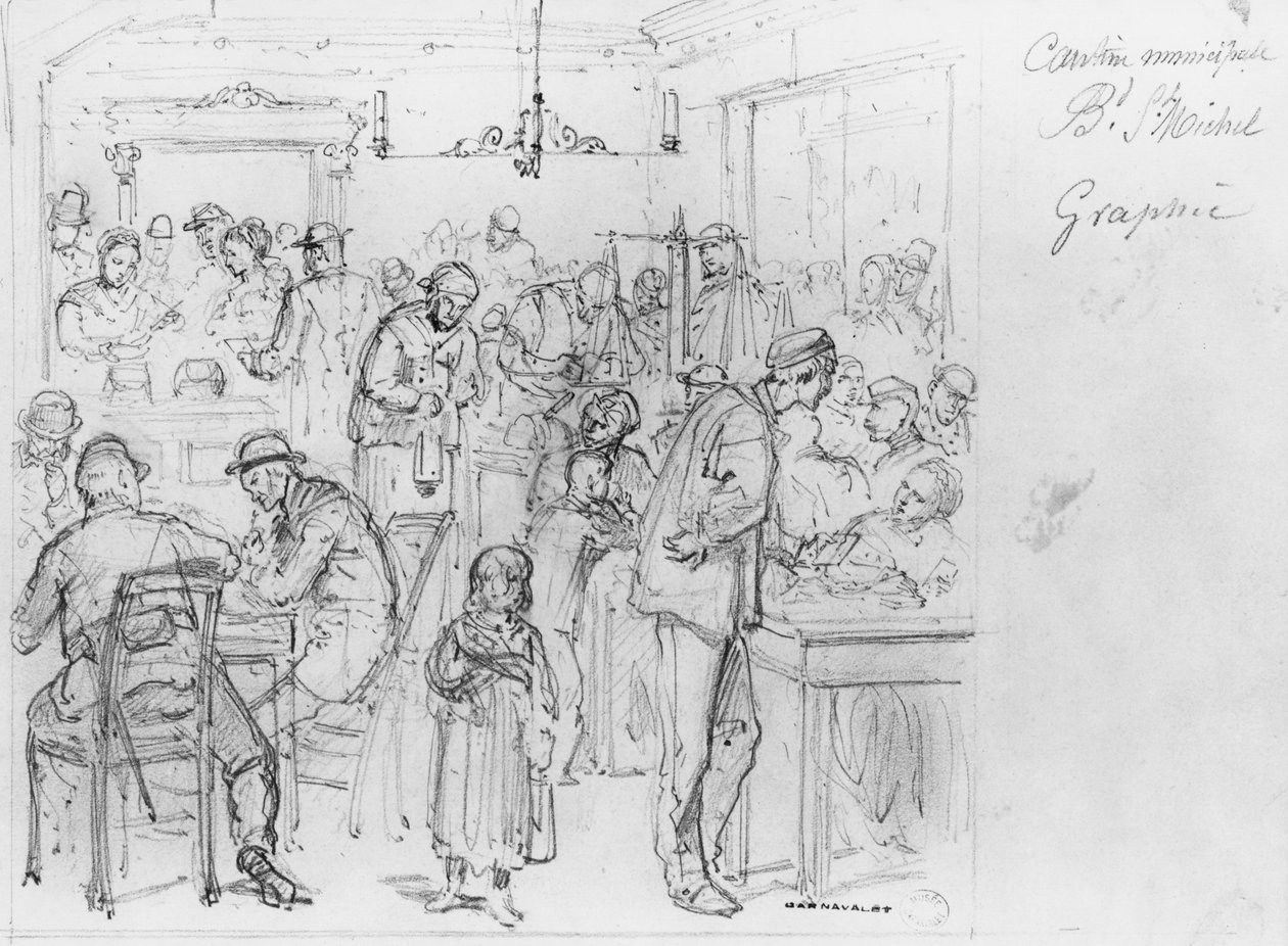 Álbum do cerco de Paris, cantina municipal Boulevard St. Michel (pena e tinta marrom e lápis sobre papel) 88; cantina do municipale Boulevard Saint-Michel; Santo; St; foto bw; photogr preto e branco de Gustave Dore